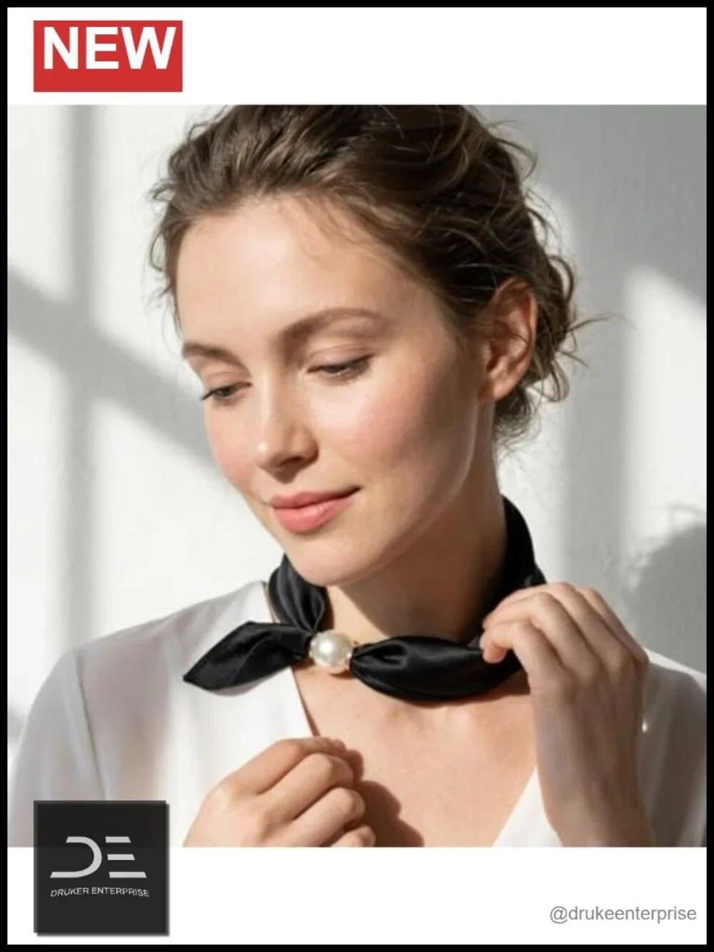 Satin Silk Scarf with Magnetic Pearl Buckle Neck Tie Multi-Way Headscarf
